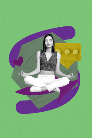 Sketch surreal collage of person with 3d icon textbox like arrows on green backgroundの写真素材