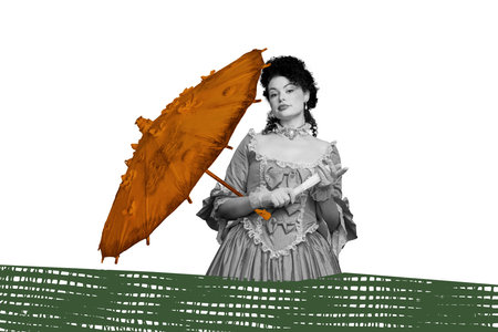 Trend artwork sketch design collage of style aristocratic costume wig fashion elegance young woman stand hand hold retro umbrella air fanの写真素材