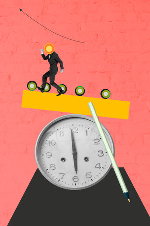 Poster image vertical photo collage of anonym businessman run arrow pointer scale comparison weight coin income banker savingsの写真素材