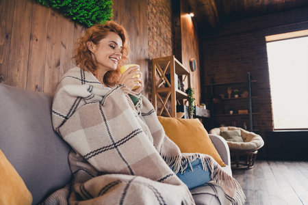Photo of pretty cheerful lady covering plaid blanket smiling enjoying tea indoors room home houseの写真素材