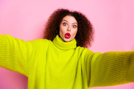 Photo portrait of attractive young woman scared face take selfie photo dressed stylish yellow...