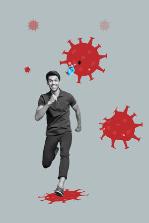 Poster image vertical photo collage of happy guy run covid-19 bacterium immunization shot syringe lockdown pandemic doctor handの写真素材