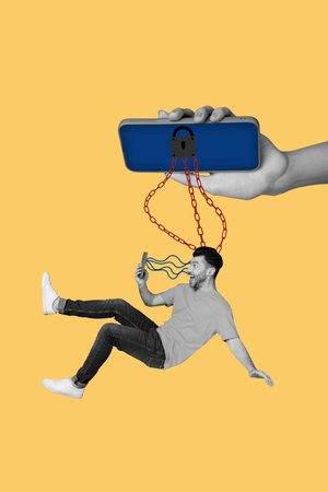 3D collage poster template trend artwork sketch of young man excited smile hand hold smartphone display lock iron chain addicted internetの写真素材