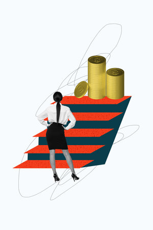 Photo collage template trend artwork sketch of young lady stand back ladder pile coins career promotion currency cash wealth finance tradeの写真素材