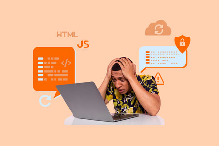 Creative full art collage of shocked businessman hold laptop freelance problem decoding html cloud...