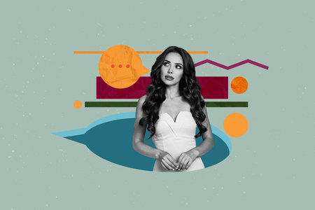 Creative full artwork collage of happy girl stand bubble communication icon chatterbox conversation speech phrase monologueの写真素材