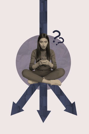 Trend composite sketch 3D collage of showing route way venture sign goal young lady sit shocked face hold smartphone different directionの写真素材