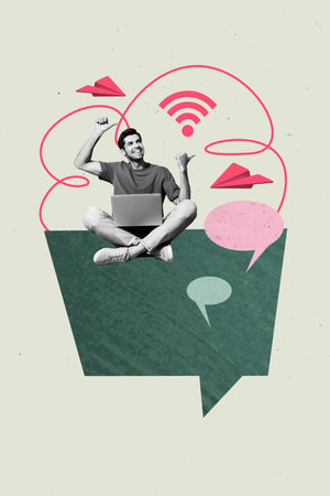 Template poster trend artwork 3D photo collage of young man sit work laptop show wifi speech cloud human resources hiring business jobの写真素材