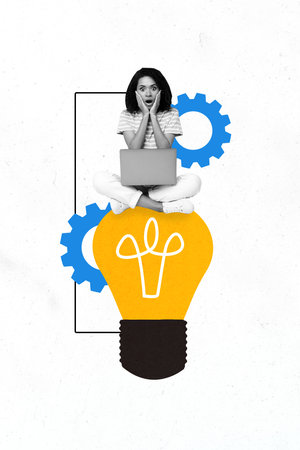 Vertical art 3d creative image collage of shocked girl sit light bulb idea finding led blackout...