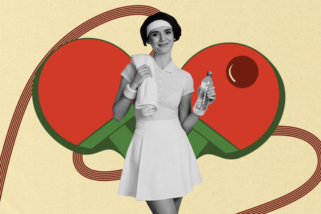 Contemporary artwork collage of happy sportswoman table tennis player ping pong game racket ball hold towel water bottleの写真素材