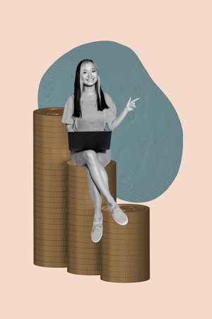 Composite photo collage trend sketch of investment earnings market wealth bank young woman sit work laptop finger point stack gold coinsの写真素材
