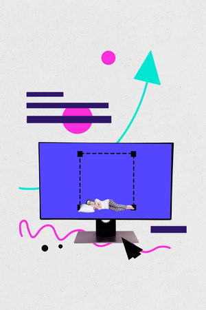 Exclusive image vertical photo collage of sleepy girl lay pillow inside pc monitor screensaver arrow...