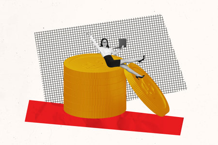 Trend artwork creative sketch 3D photo collage of young woman sit pile coins bitcoin hold laptop savings investment economy income marketの写真素材