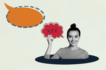Sketch image trend artwork 3D photo collage of texting cloud textbox conversation speech note bubble message young lady smile happyの写真素材