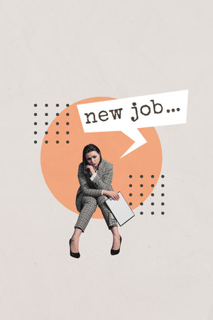 Trend artwork template design 3D collage sketch of young lady sit stress hold clipboard research new job entrepreneur candidate employmentの写真素材