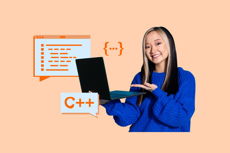 Composite trendy magazine photo collage of happy freelancer girl hold laptop programming tab webpage...