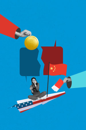 Vertical contemporary photo collage of puzzled girl sit paper plane usa vs china partnership conflict problem trade war coin dollarの写真素材