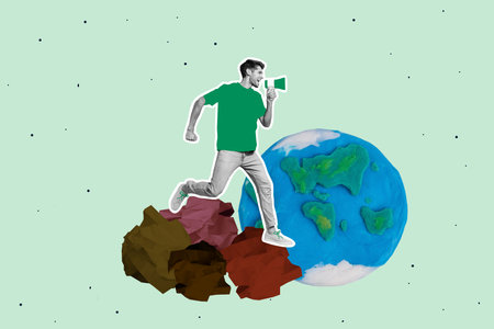 Contemporary artwork collage of happy guy girl stand earth protection crumpled paper pile rubbish...