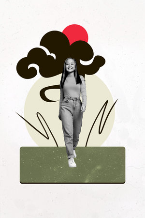 Composite image montage trend artwork collage of oriental culture element design texture cloud sky young lady walk smile streetの写真素材