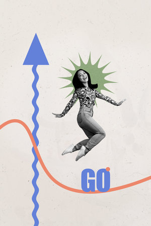 Creative graphics collage of person levitate with arrow up go on pastel color background