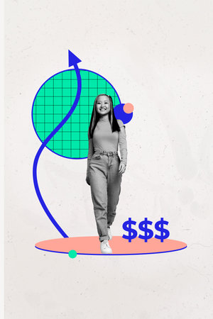 Creative pop collage of young person girl walk with dollars sign on white backgroundの写真素材