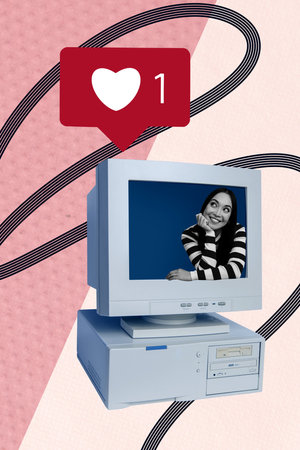 Vertical contemporary photo collage of happy blogger girl peek pc monitor heart icon social media...