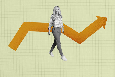 Composite trendy magazine photo collage of happy businesswoman walk arrow development statistics...