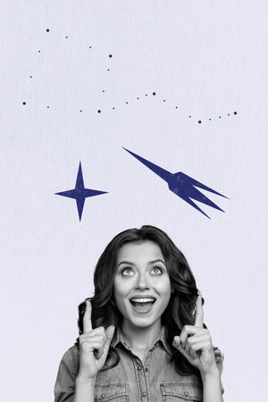 Exclusive artwork banner creative collage of excited girl point sky rocket launch star space...