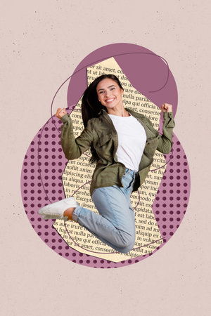 Trendy 3d zine vertical photo collage of happy girl dance weekend celebration vibe event chill party discotheque clubbing holidayの写真素材