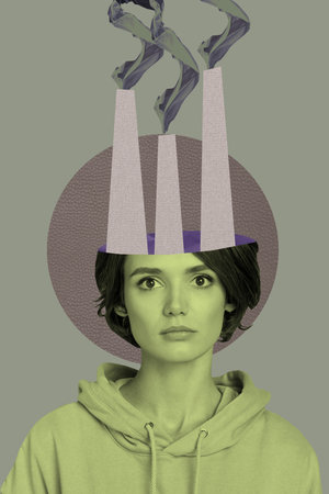 Creative design composite trend artwork collage of portrait young lady half head factory pollution emissions toxic air dirty impactの写真素材