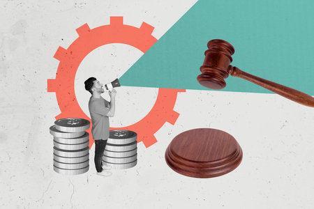 Creative 3D photo collage trend template of economy dollars trade savings coins money young man stand megaphone proclaim hammer judgmentの写真素材