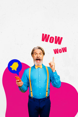Trend artwork template design 3D collage of aged man excited face stand finger up wow hold smartphone notification ring email online chatの写真素材