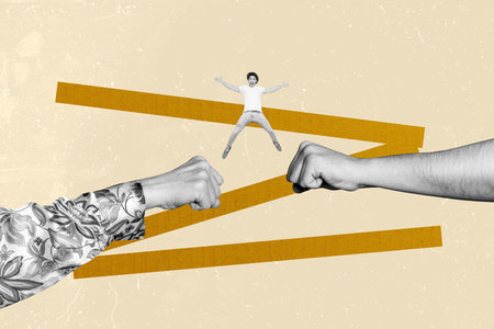 Trend artwork sketch design montage 3D collage of body language finger symbol gesture showing fist support partnership young man jumpの写真素材