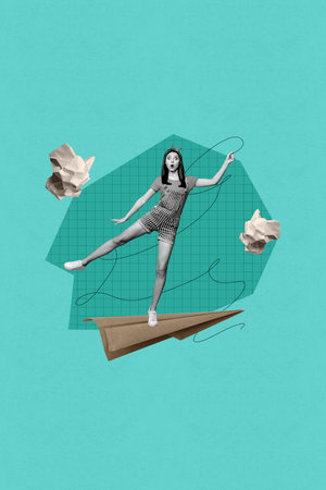 Banner image collage of person with paper plane with lines shapes on green color backgroundの写真素材