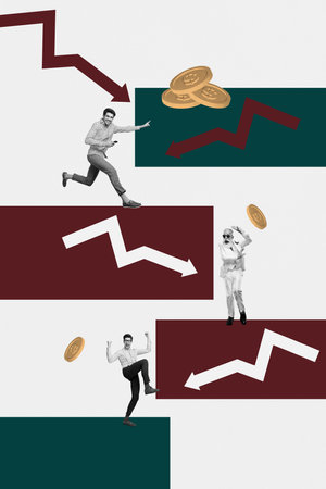 Sketch contemporary photo collage of happy business partners receive dollar coin jackpot arrow statistics development profitの写真素材