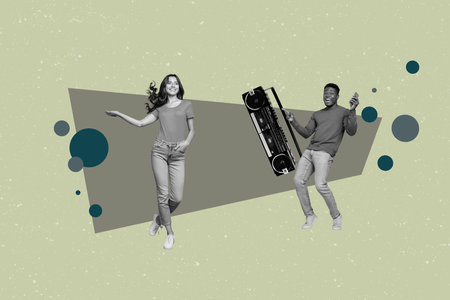 Mockup trend collage of people use boom box dance on green color backgroundの写真素材