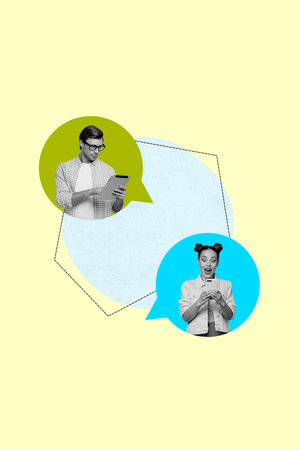 Creative poster collage of two people speaking use gadget on yellow background