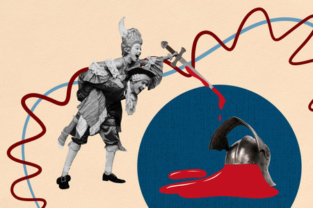 3d sketch poster trend collage of two happy duke duchess girl guy wear medieval costume hold sword battle helmetの写真素材