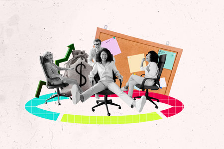 Sketch template design 3D photo collage composite of young lady man group coworking sit armchair earn money board note hiring workspaceの写真素材