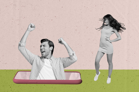 Poster template collage of people with networking device on pastel green color backgroundの写真素材