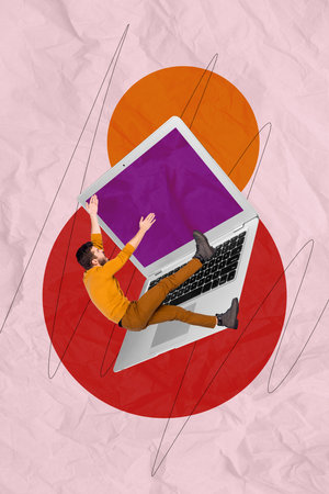 Image vertical 3d collage poster of shocked guy fall broke laptop device addiction concept freelancer occupation job influenceの写真素材