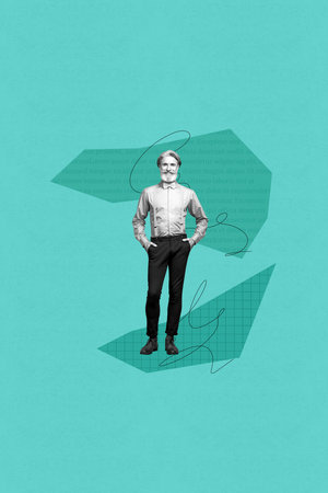 Poster art collage of person stand on green background with drawing linesの写真素材