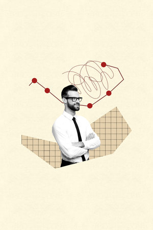 Creative poster collage of person having graphs lines dots on yellow backgroundの写真素材