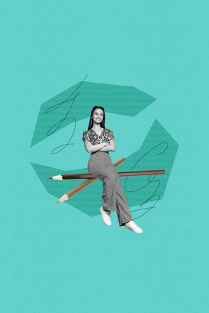 Banner image collage of person having painting pencils with lines on green backgroundの写真素材