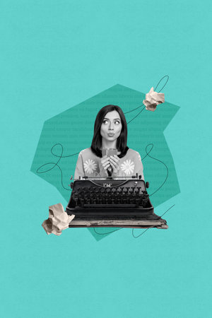 Poster banner collage of person with crumpled paper type machine on green backgroundの写真素材