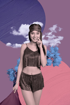 Sketch art 3d creative image collage of happy sleepy girl wear pajamas mask hold pillow wildflower bloom spring season eventの写真素材