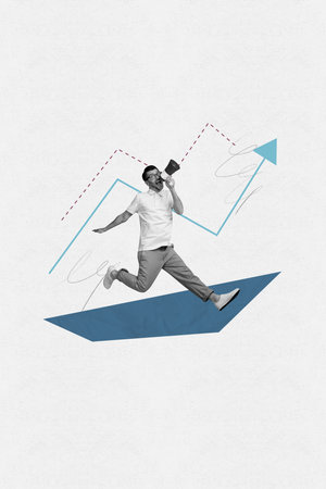 Creative image collage of young guy worker run fast geometry shape scream bullhorn on pastel backgroundの写真素材