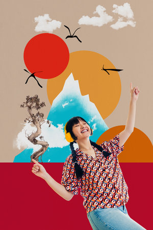 Exclusive artwork banner creative collage of happy korean girl listen music headphones walk japanese park tree bloom chinaの写真素材