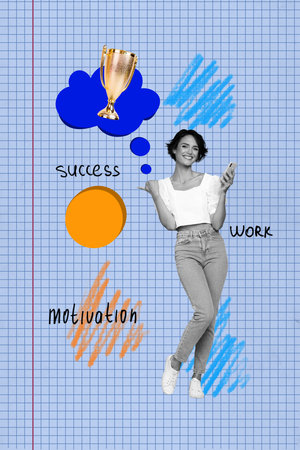 Image collage of young woman use gadget point finger blue color backgroundの写真素材