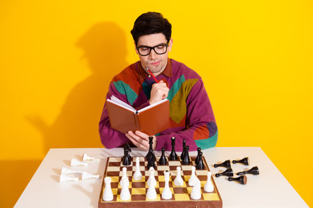Young man strategizing chess game while reading a book in a vibrant yellow roomの写真素材